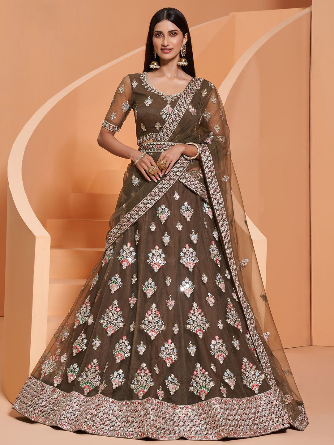 ALIZEH Mehendi Green Mirror Work Designer Lehenga Choli with Dupatta