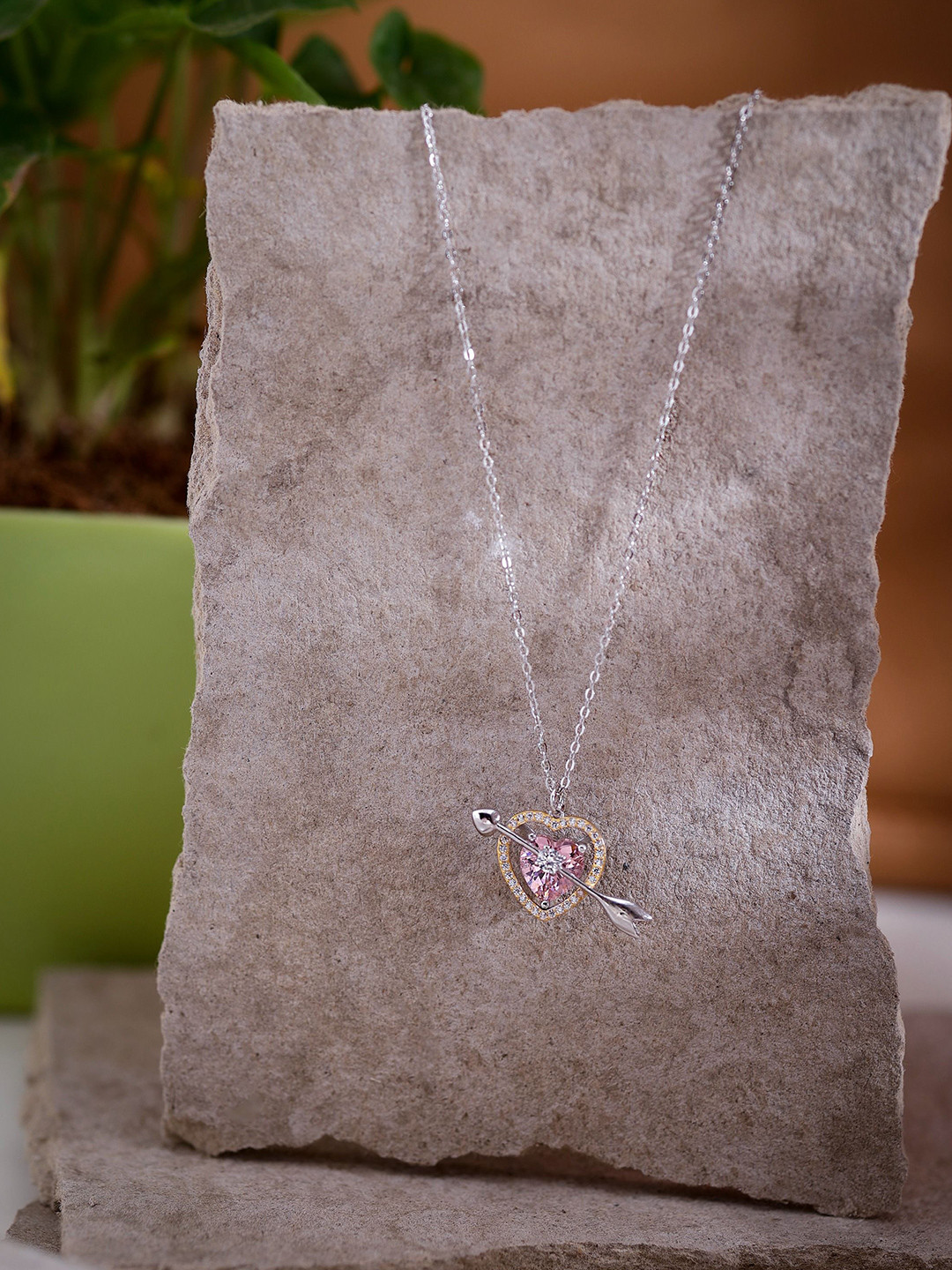 DIAVO Cubic Zircon Studded Heart & Arrow Pendant With Chain