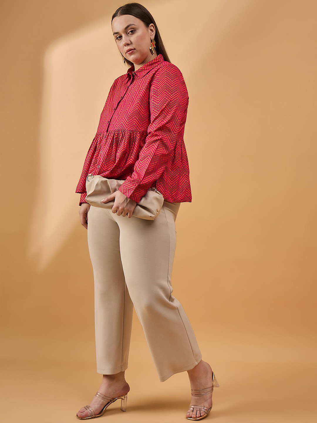 Routes by All About You Women Plus Size Shirt Collar Cuffed Sleeves Peplum Top