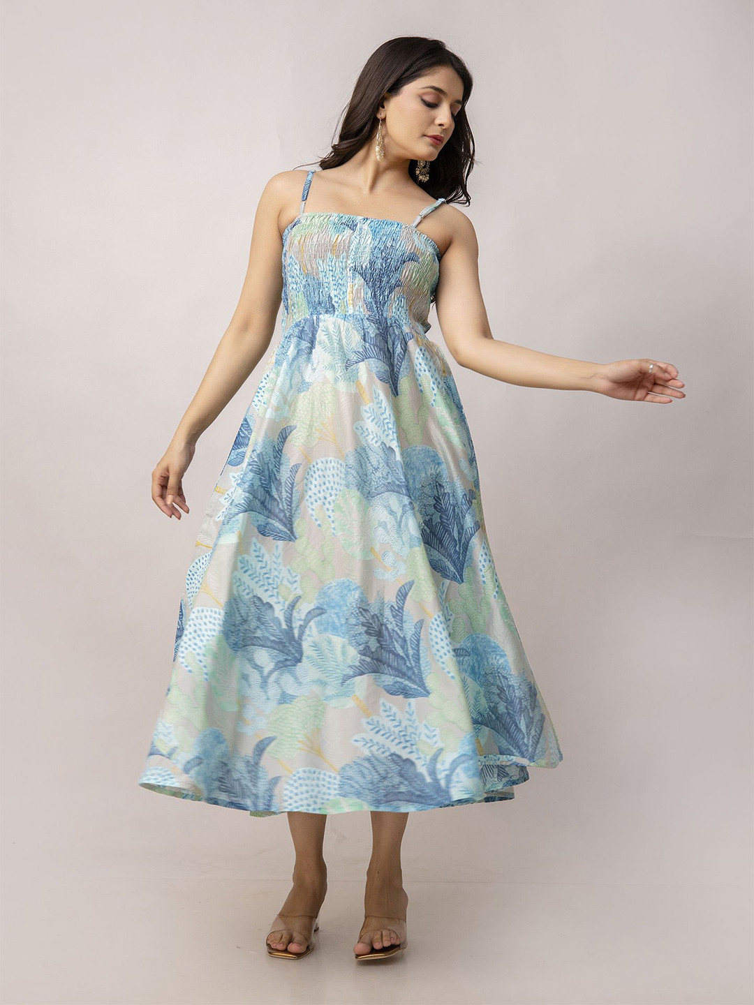 Aawari Chanderi Printed Smocked Fit and Flare Midi Dress