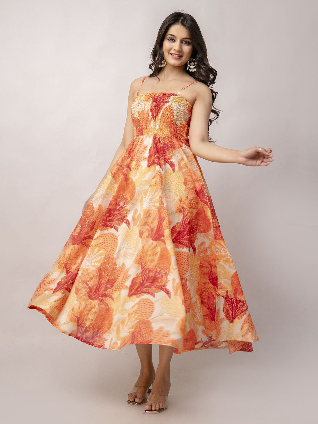 Aawari Women Printed Fit N Flare Smocked Midi Dress