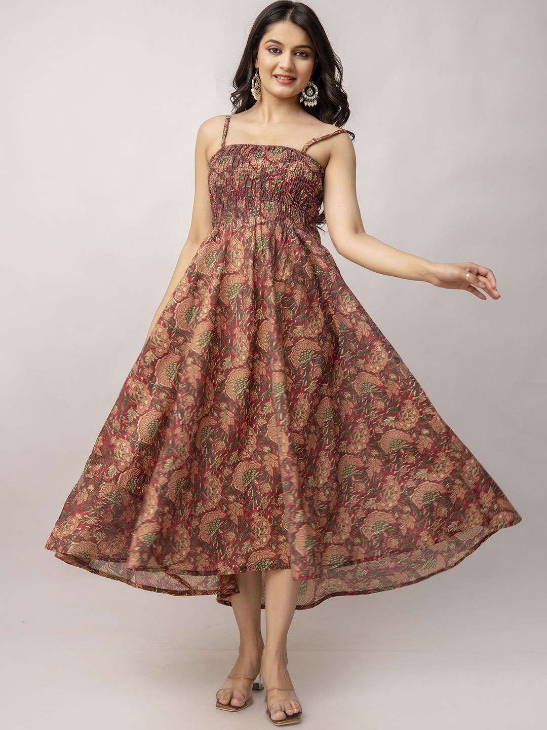 KALINI Chanderi Printed Smocked Fit and Flare Midi Dress