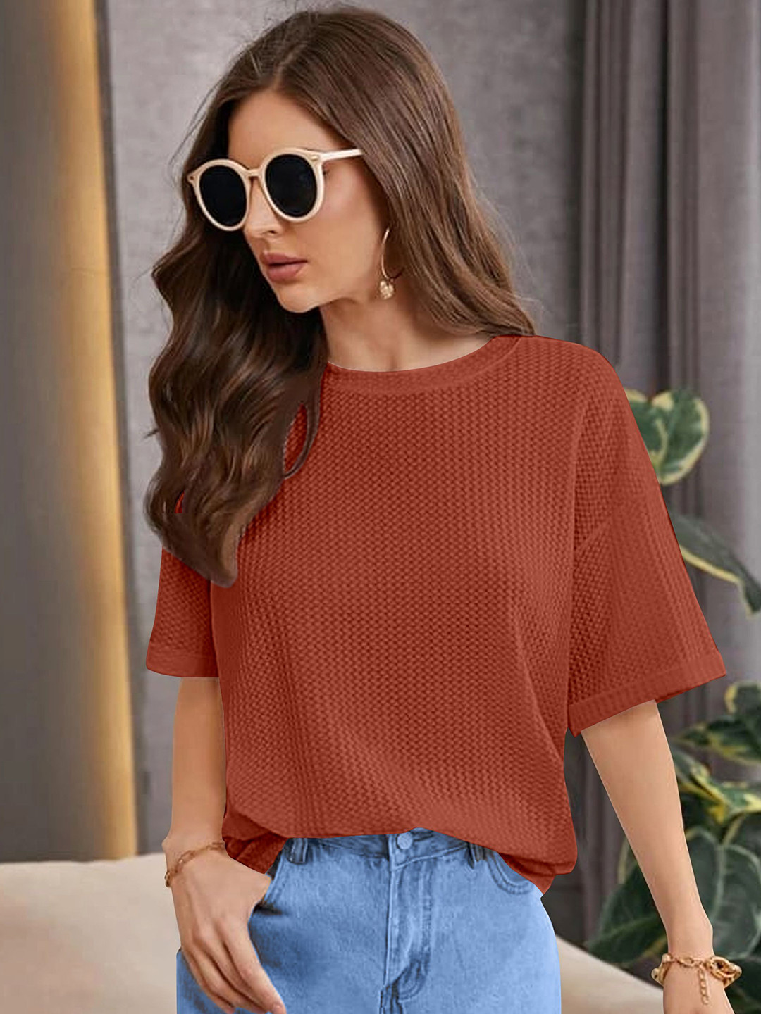 Fashion2wear Women Self Design Round Neck Cotton Oversized T-shirt