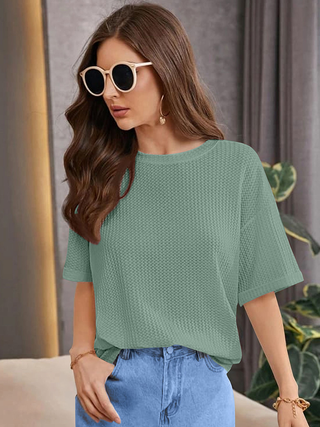 Fashion2wear Women Self Design Round Neck Cotton Oversized T-shirt