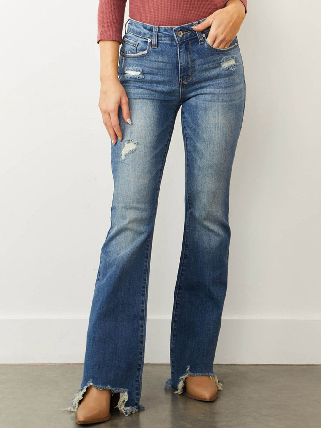 The Roadster Lifestyle Co Women Wide Leg Mid-Rise Mildly Distressed Jeans
