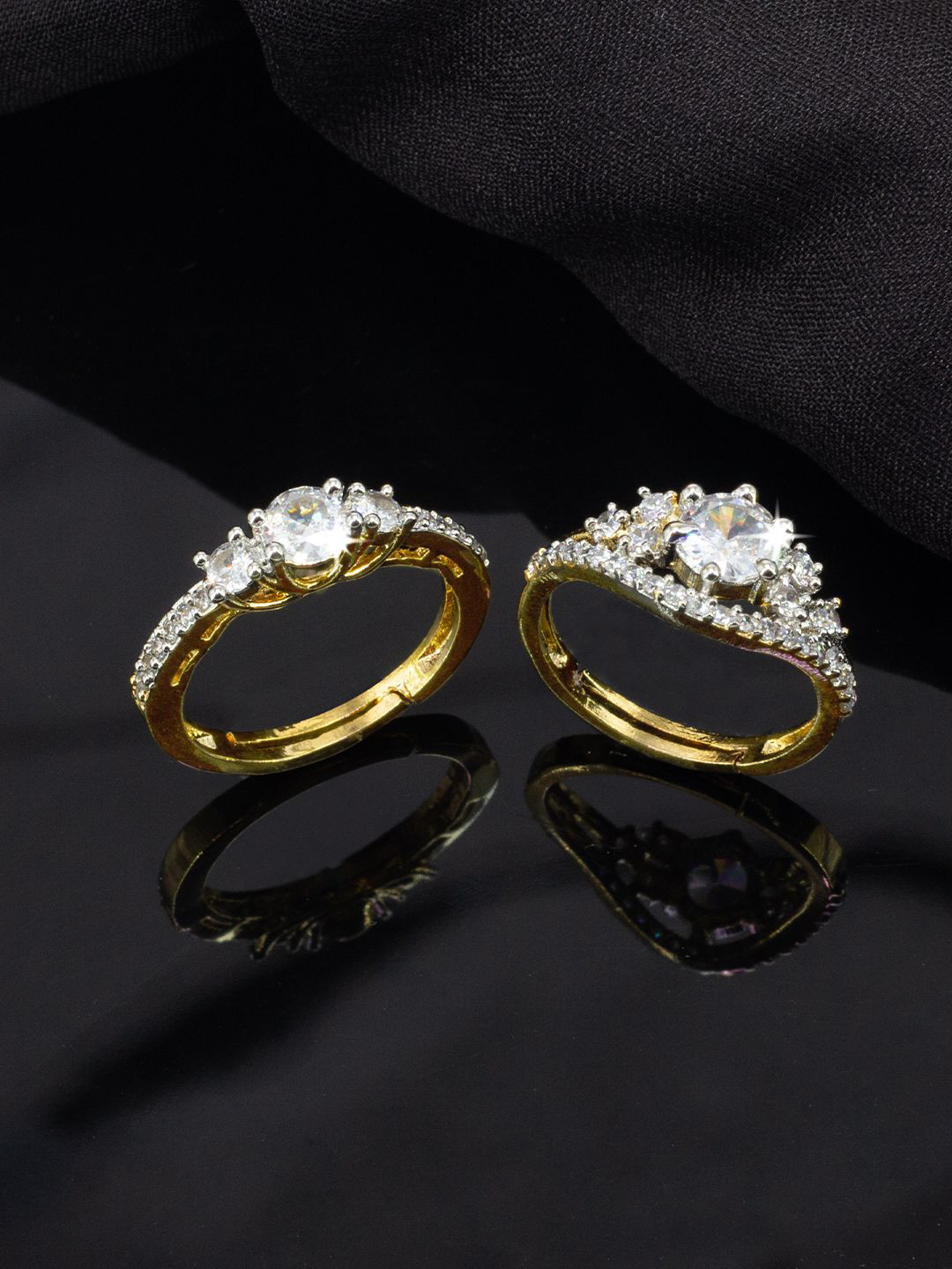 PRIVIU Set Of 2 Gold-Plated American Diamond Stone-Studded Adjustable Finger Rings