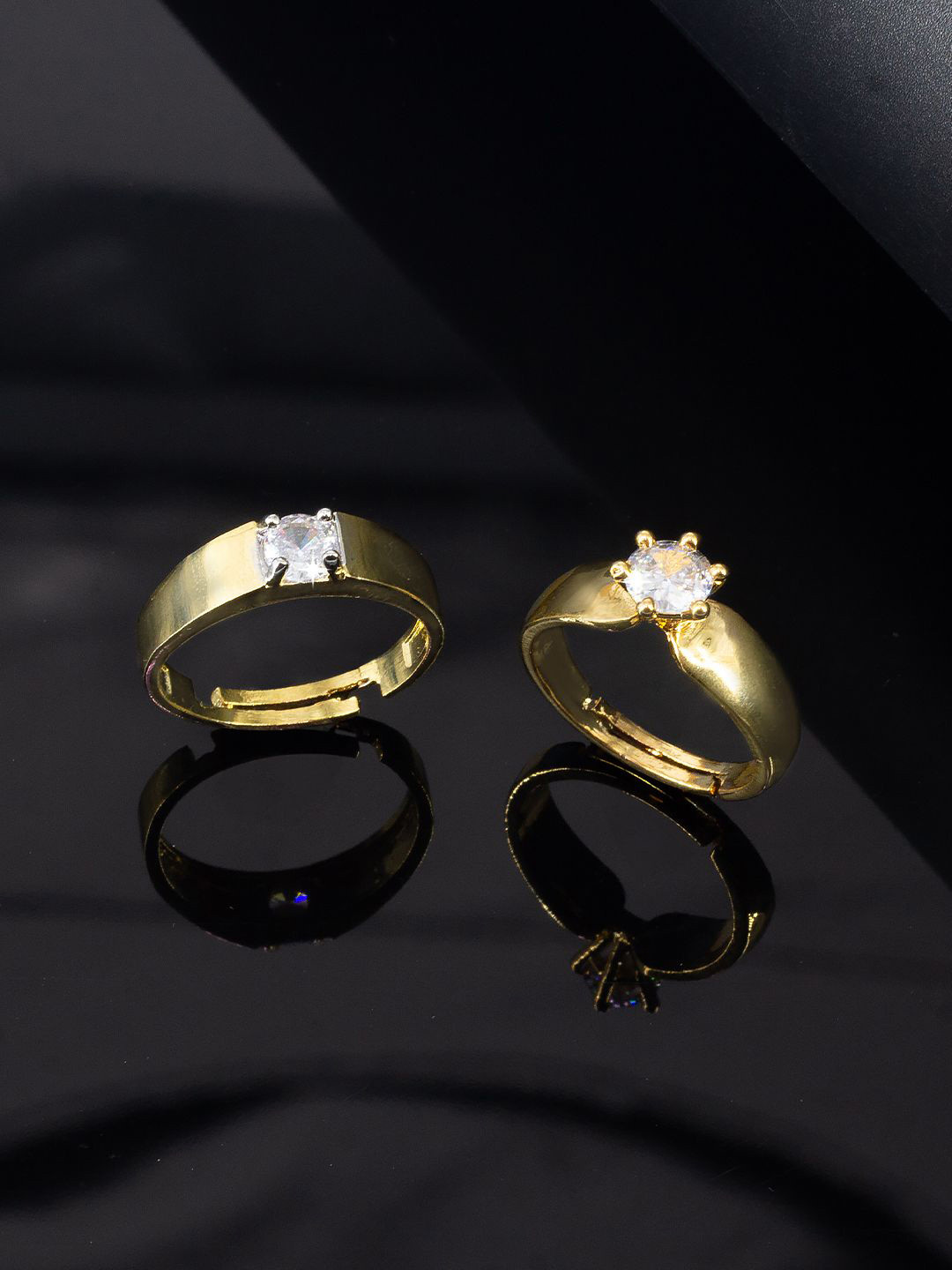 PRIVIU Set Of 2 Gold-Plated American Diamond Stone-Studded Adjustable Couple Rings
