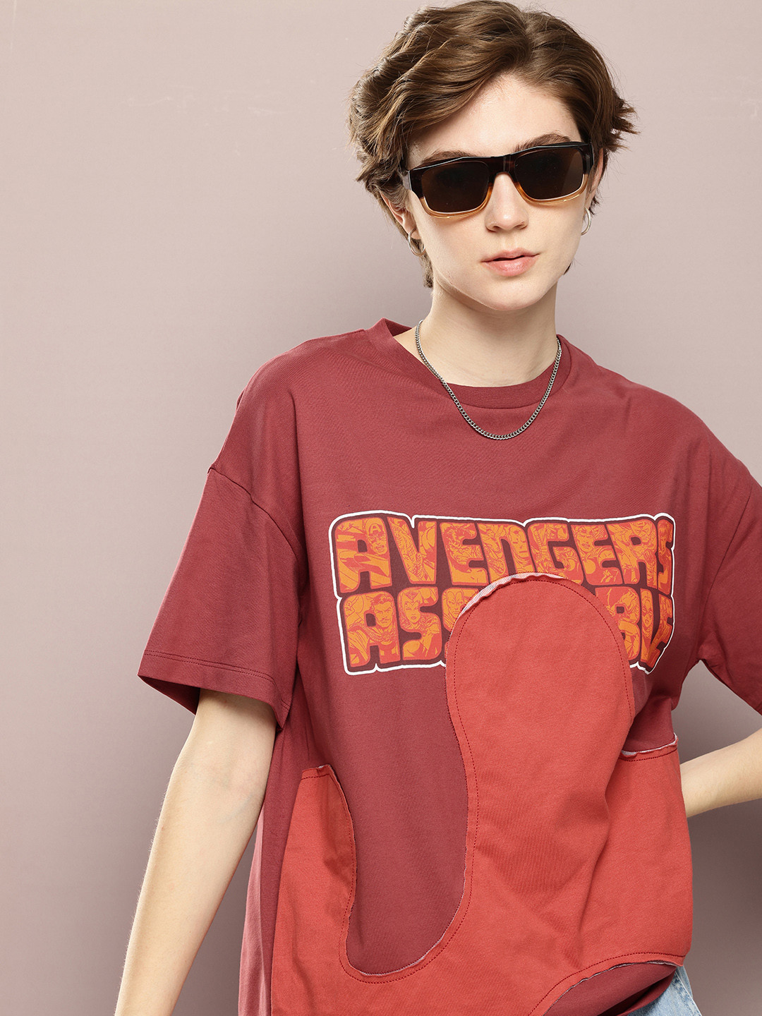 Kook N Keech Marvel Typography Avengers Printed Oversized T-shirt with Applique Detail