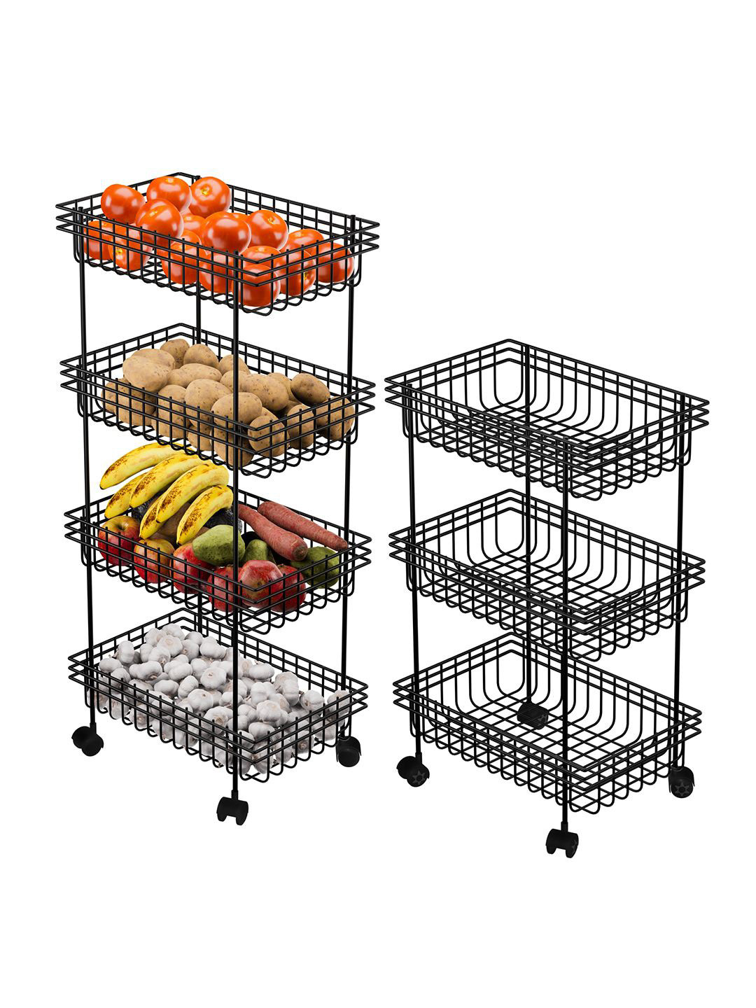 Kuber Industries Set of 2 Unisex Black Metal 3 & 4 Tier Fruits Trolley Kitchen Trolley