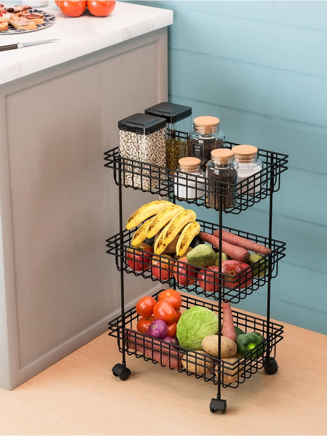 Kuber Industries Unisex Black Metal 3-Layer Fruits & Stand Kitchen Trolley with Wheels
