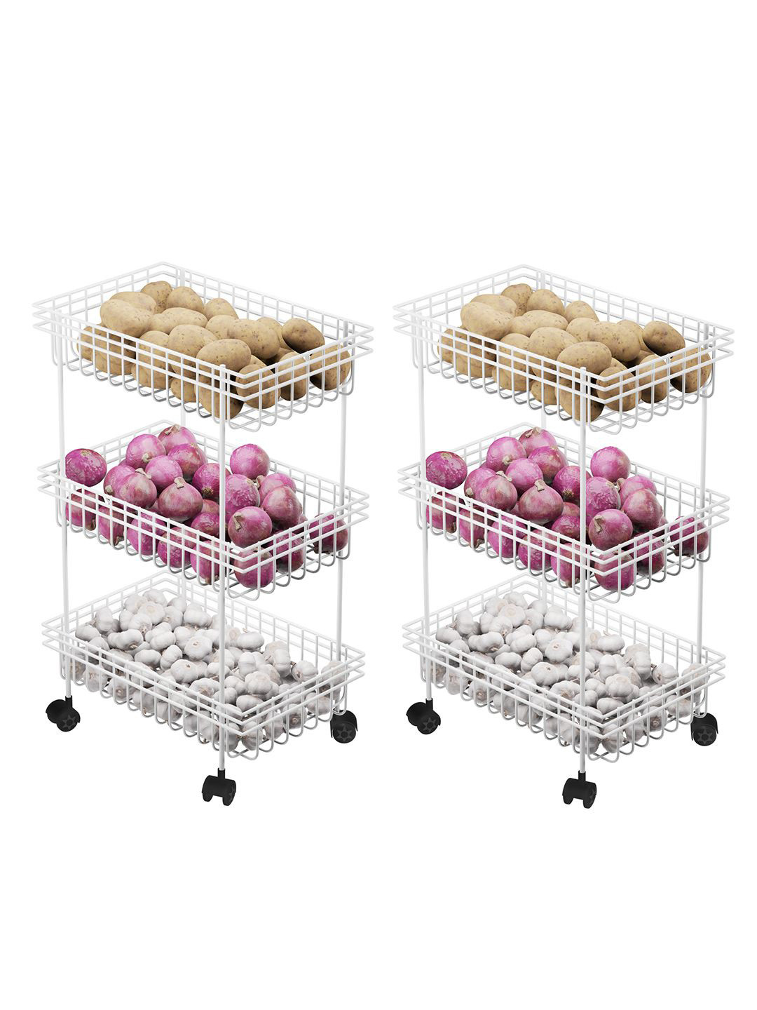 Kuber Industries Set of 2  Metal 3-Layer Fruits with Wheels Unisex White Kitchen Trolley
