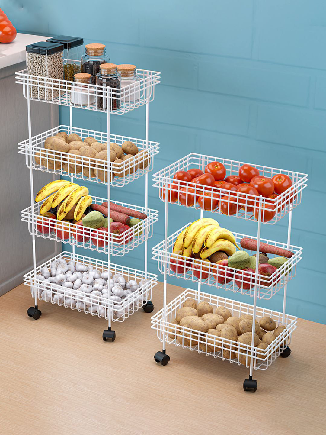 Kuber Industries Set of 2 Unisex White Metal 3 & 4 Tier Fruits Trolley Kitchen Trolley