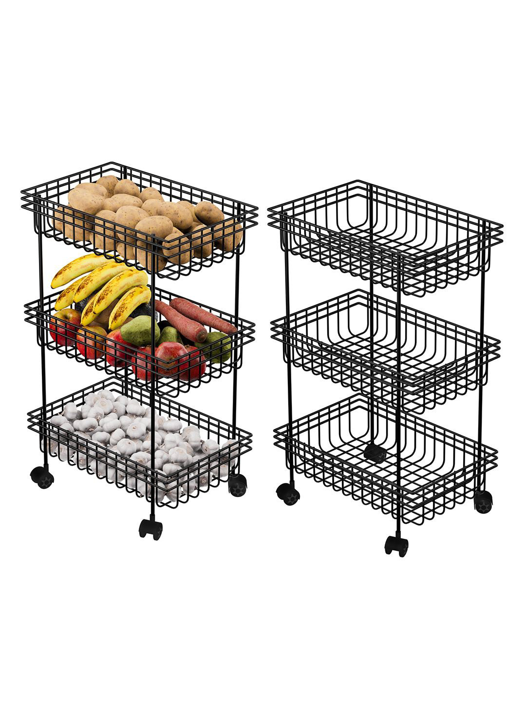Kuber Industries Set of 2 Metal 3-Layer Fruits & Vegetable Unisex Black Kitchen Trolley