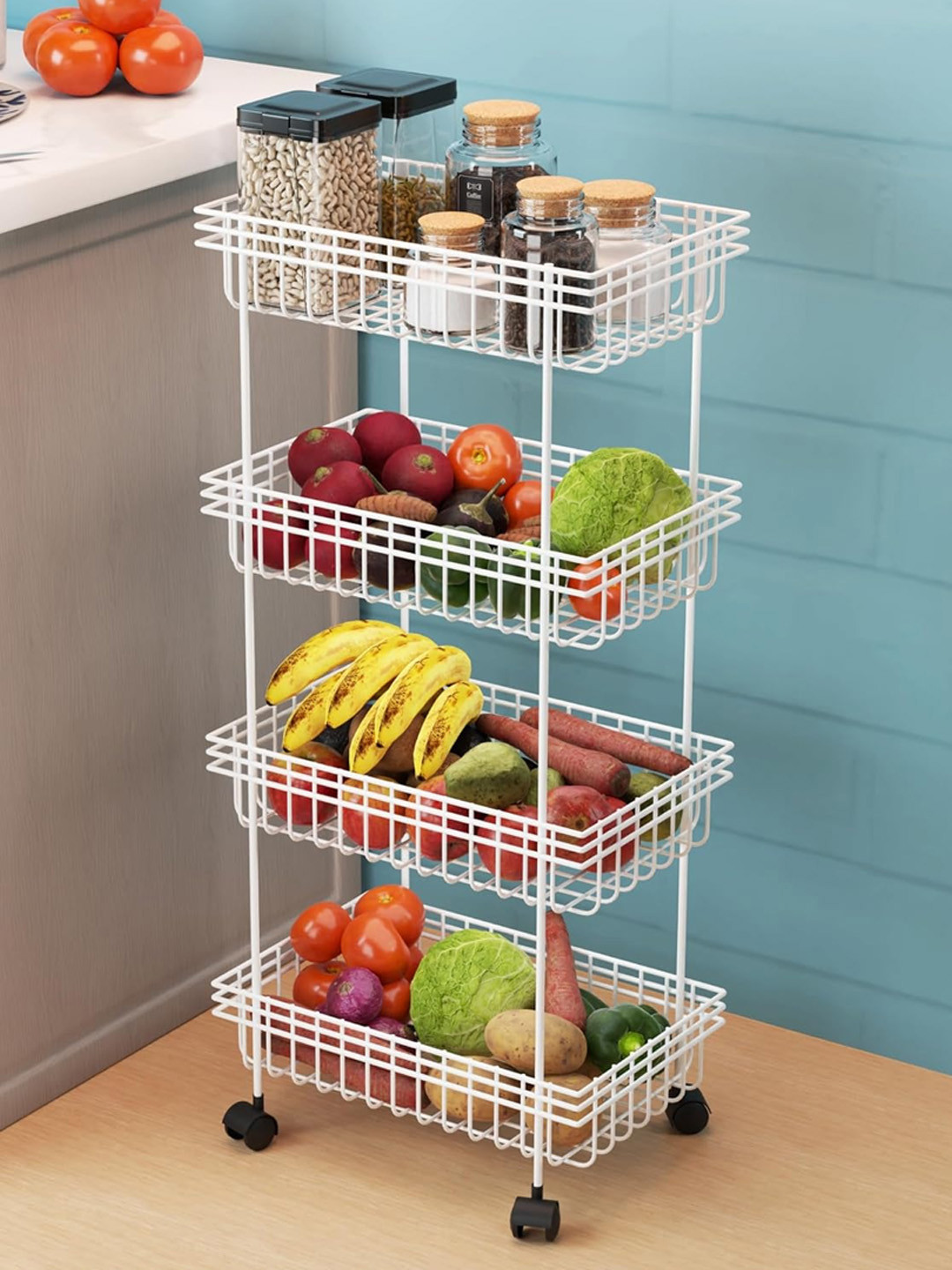 Kuber Industries Unisex White Metal 4-Layer Fruits Stand with Wheels Kitchen Trolley