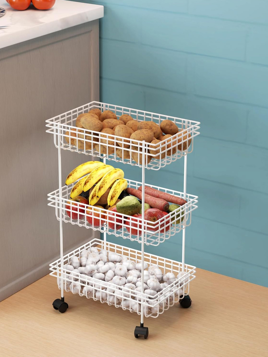 Kuber Industries Unisex Metal 3-Layer Fruits & Stand with Wheels White Kitchen Trolley