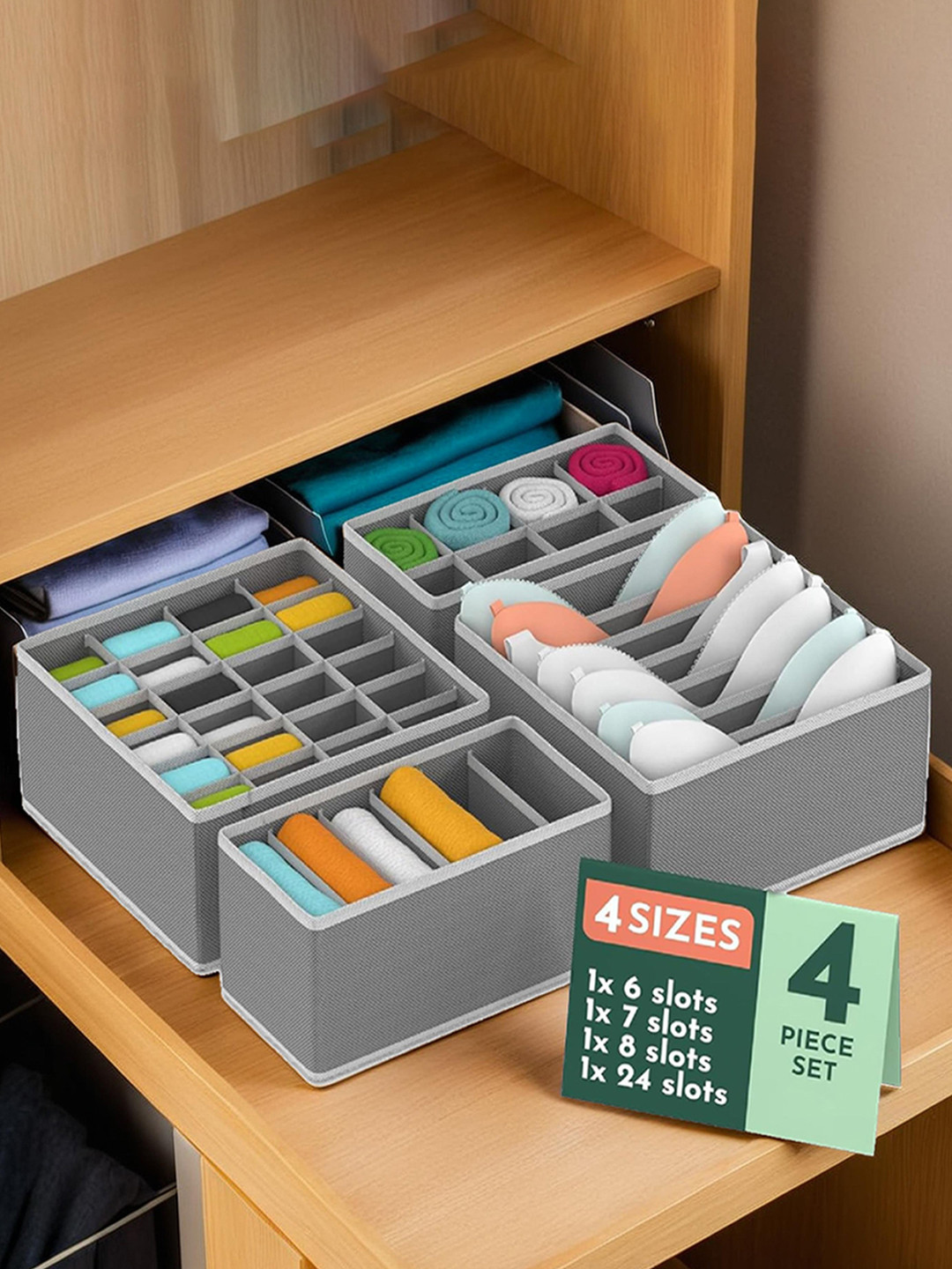 Kuber Industries Grey Set of 4  Undergarment Reusable Storage Drawer Organisers