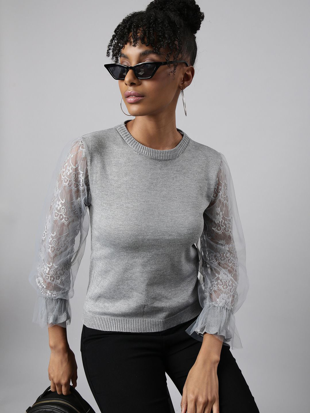 SHOWOFF Women Ribbed Puff Sleeve Monochrome Top