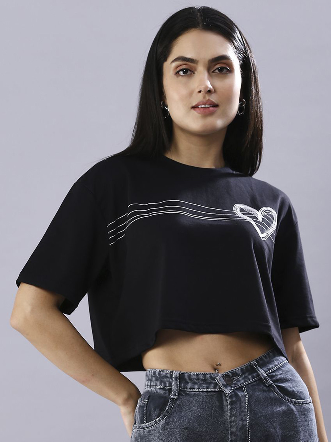 HOUSE OF RS Women Sustainable Scribble Heart Printed Oversized Crop T-shirt