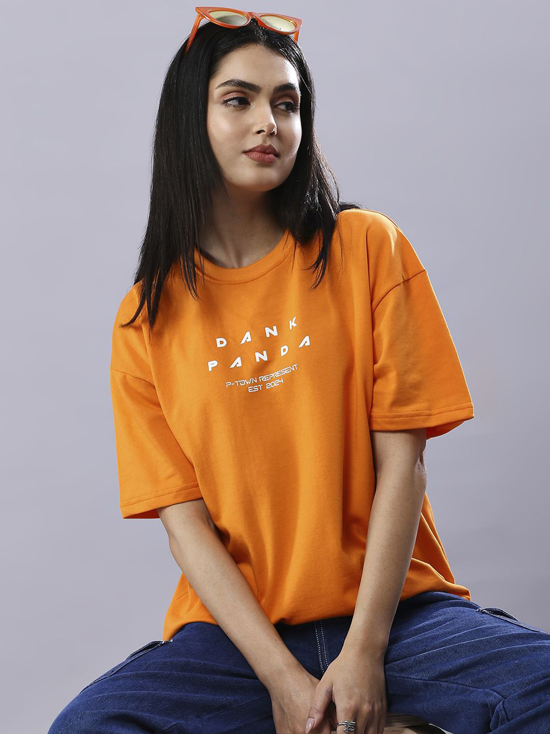 HOUSE OF RS Women Sustainable Dank Panda Signature Typography Printed Oversized T-shirt