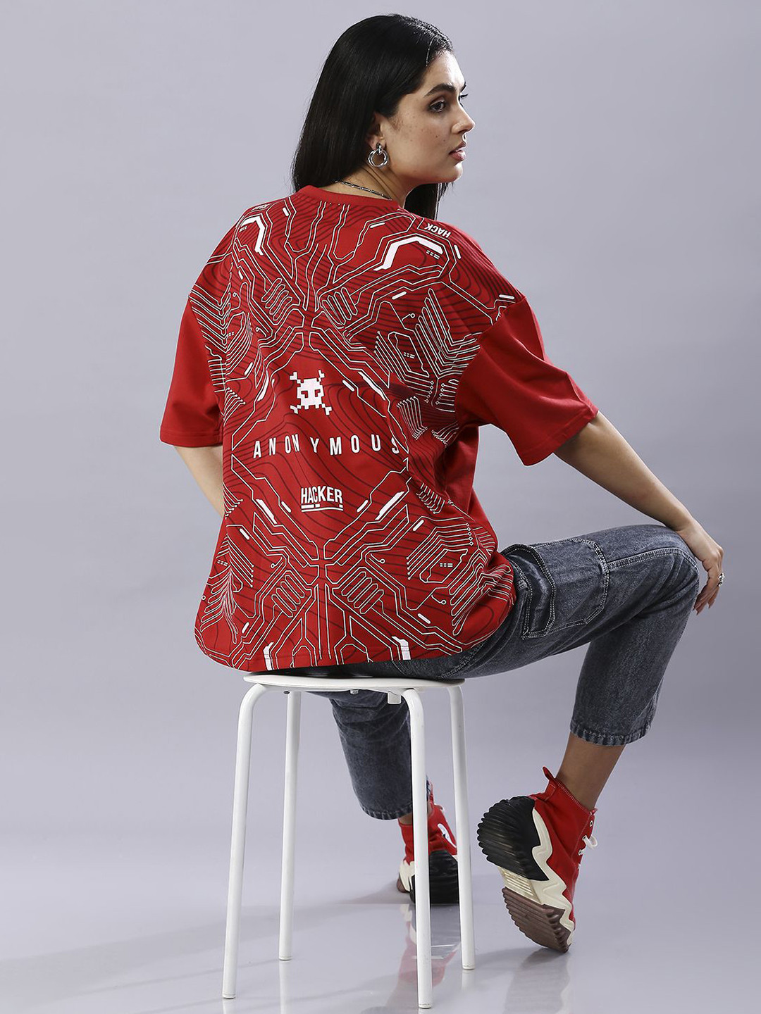 HOUSE OF RS Women Sustainable Tekno Anonymous Hacker Printed Oversized T-shirt