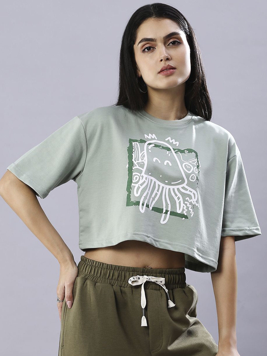 HOUSE OF RS Women Sustainable Sagey Swirls Printed Oversized Crop T-shirt