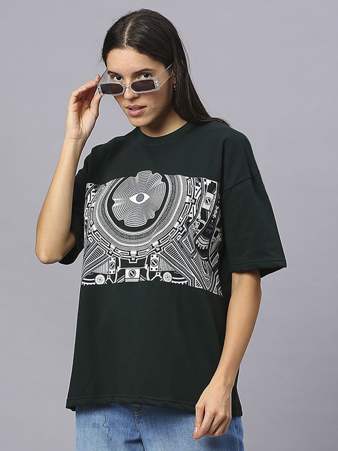 HOUSE OF RS Women Sustainable Tekno Eye of the Tiger Printed Oversized T-shirt