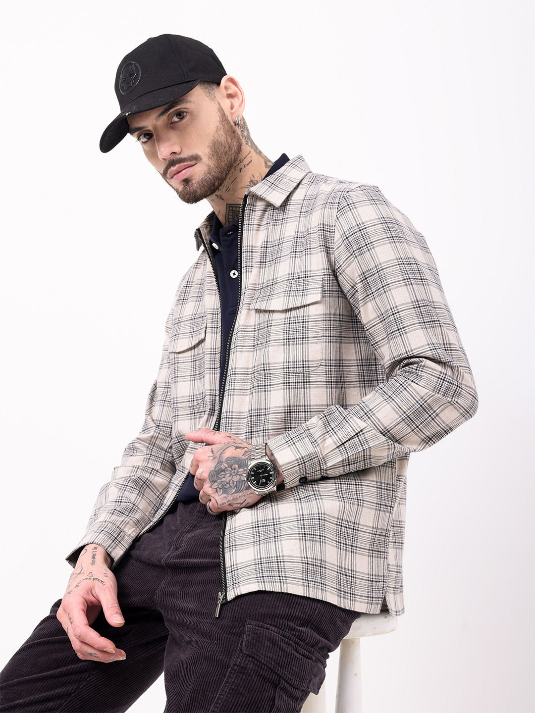 British Club Men Classic Oversized Fit Double Pocket Tartan Checks Cotton Casual Shirt