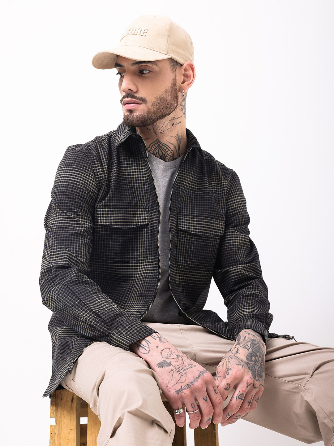 British Club Men Classic Oversized Fit Double Pocket Micro Checks Cotton Casual Shirt