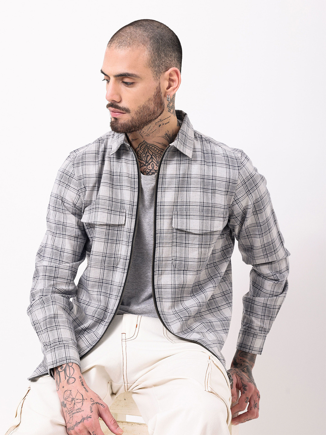 British Club Men Classic Oversized Double Pocket Checked Cotton Casual Shirt