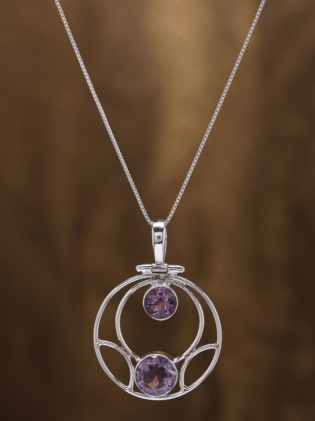 Exotic India Round Shape Sterling Silver Pendant with Duplet Faceted Amethyst