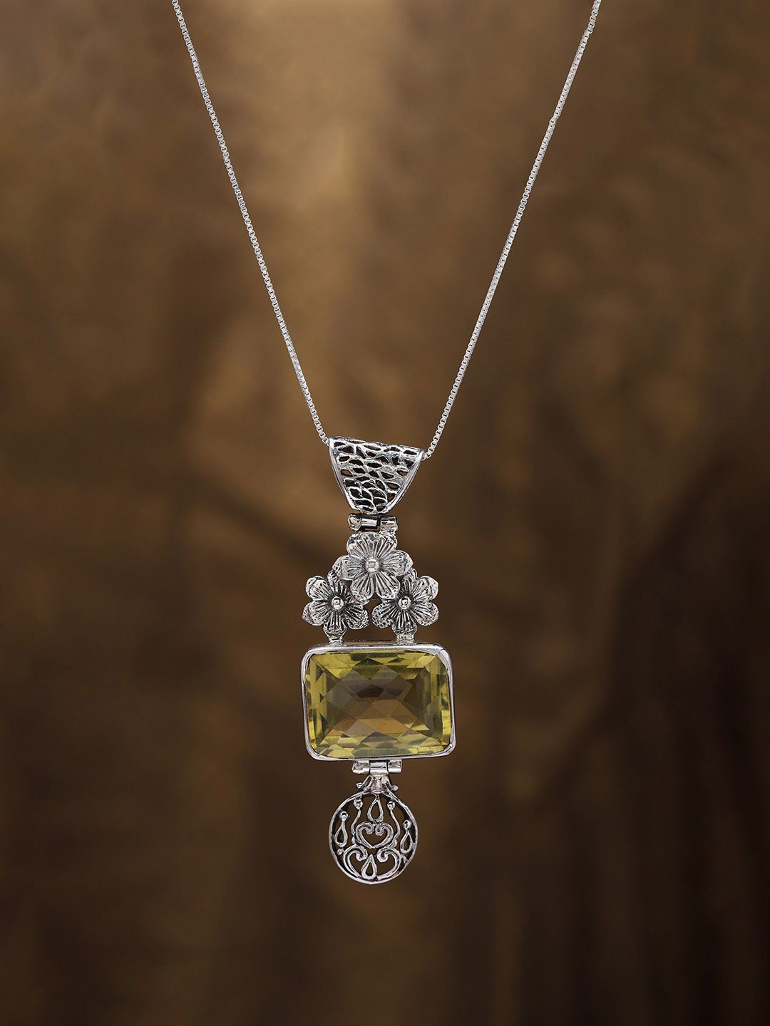 Exotic India Floral Sterling Silver Pendant with Rectangle Shaped Lemon Quartz
