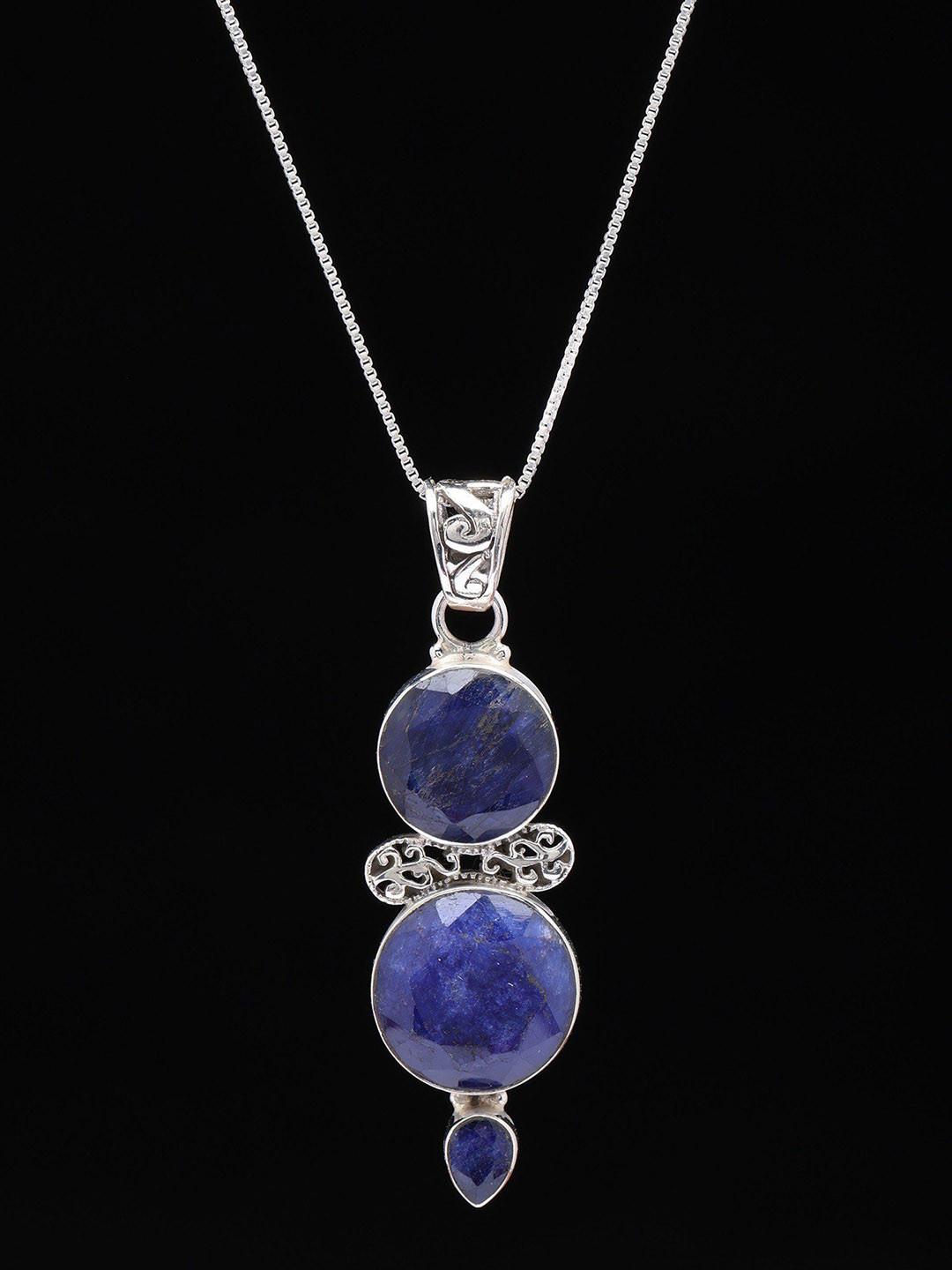 Exotic India Sterling Silver Pendant with Faceted Round Shape Duplet Lapis Lazuli