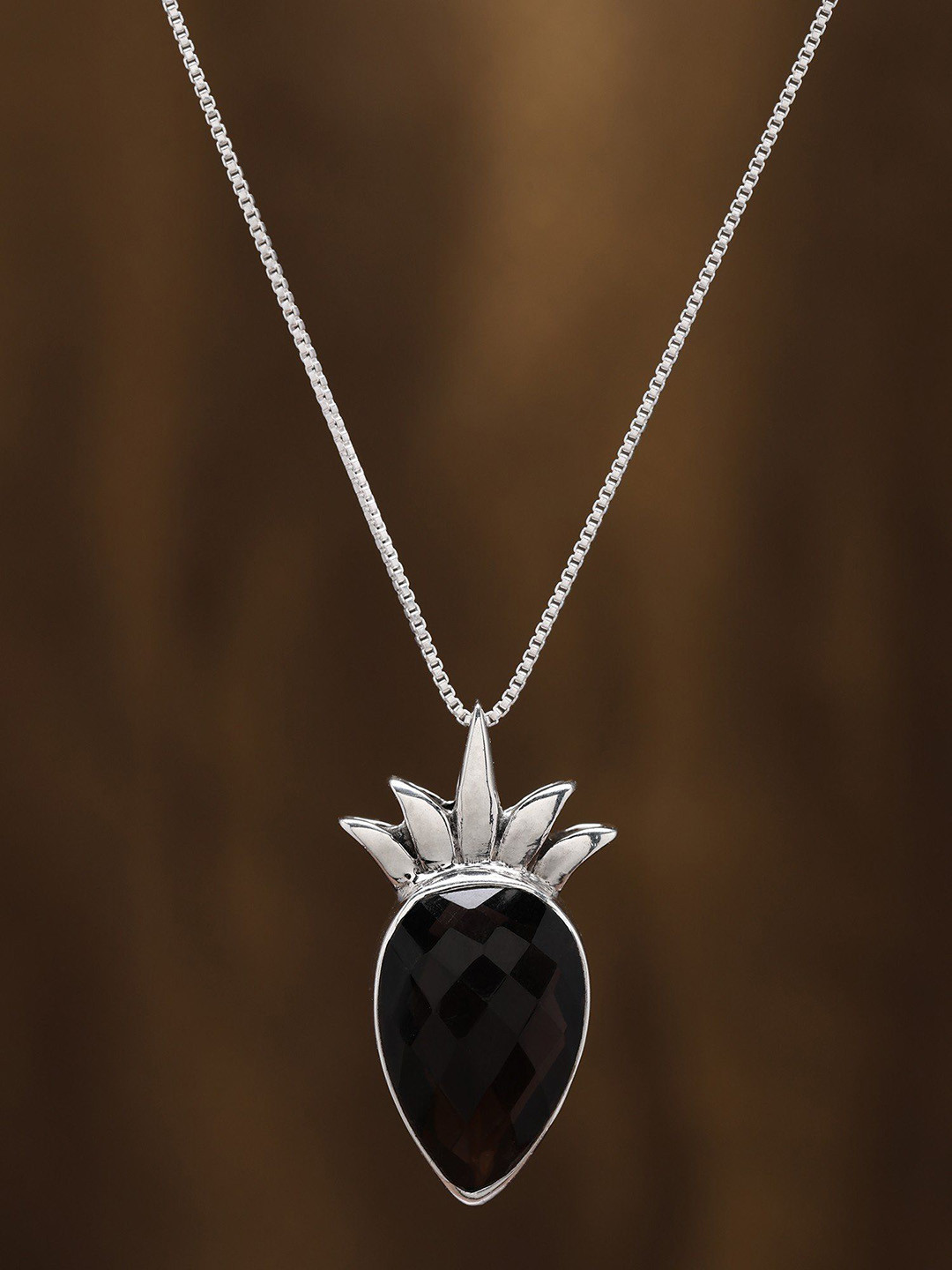 Exotic India Inverted Tear Drop Smoky Quartz Pendant in Sterling Silver