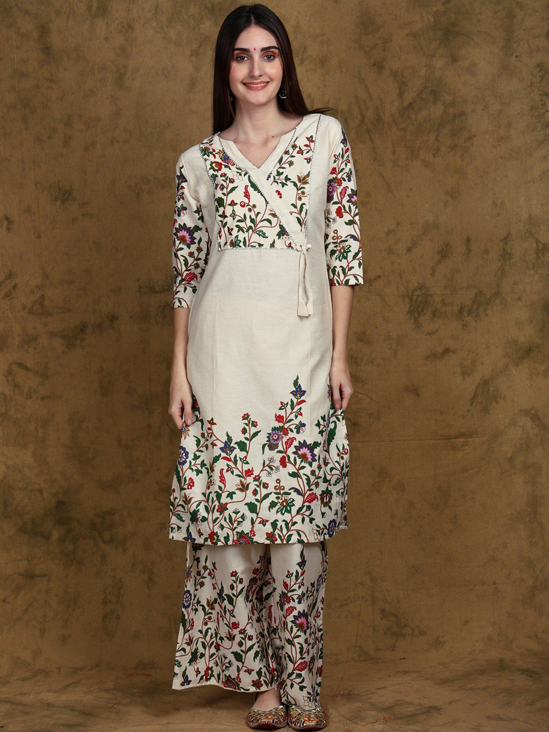 Exotic India Whisper White Floral Print Angrakha Style Straight Kurta and Palazzo Set