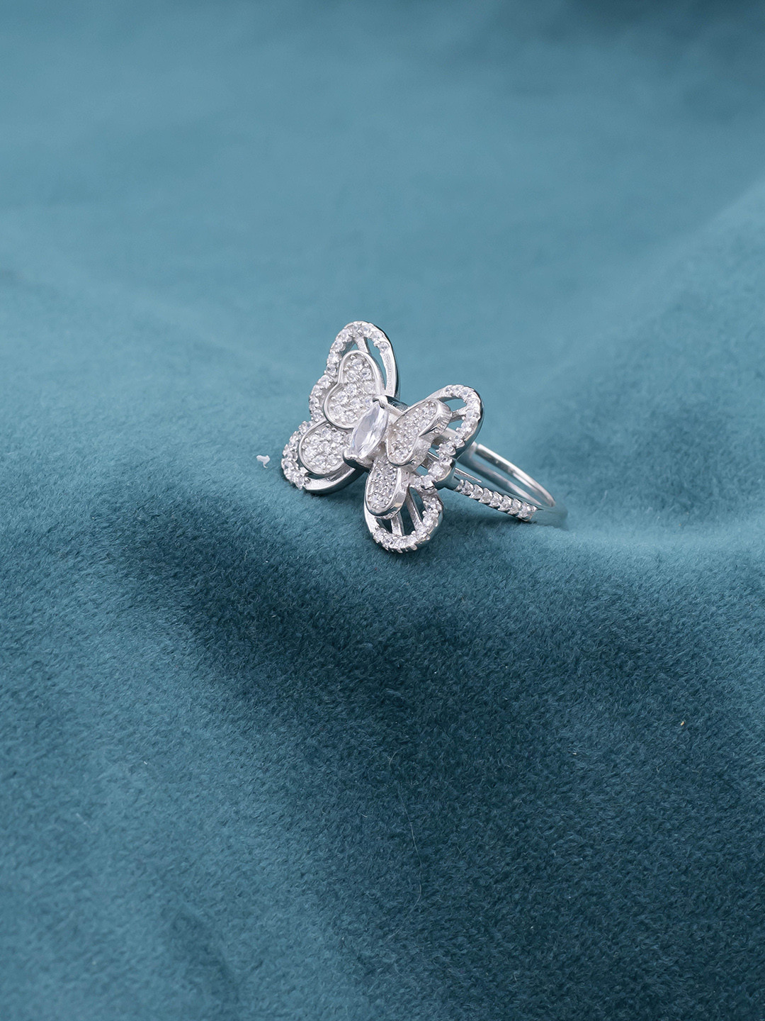 SILMORA Platinum-Plated Cubic Zirconia Stone-Studded Adjustable Finger Ring