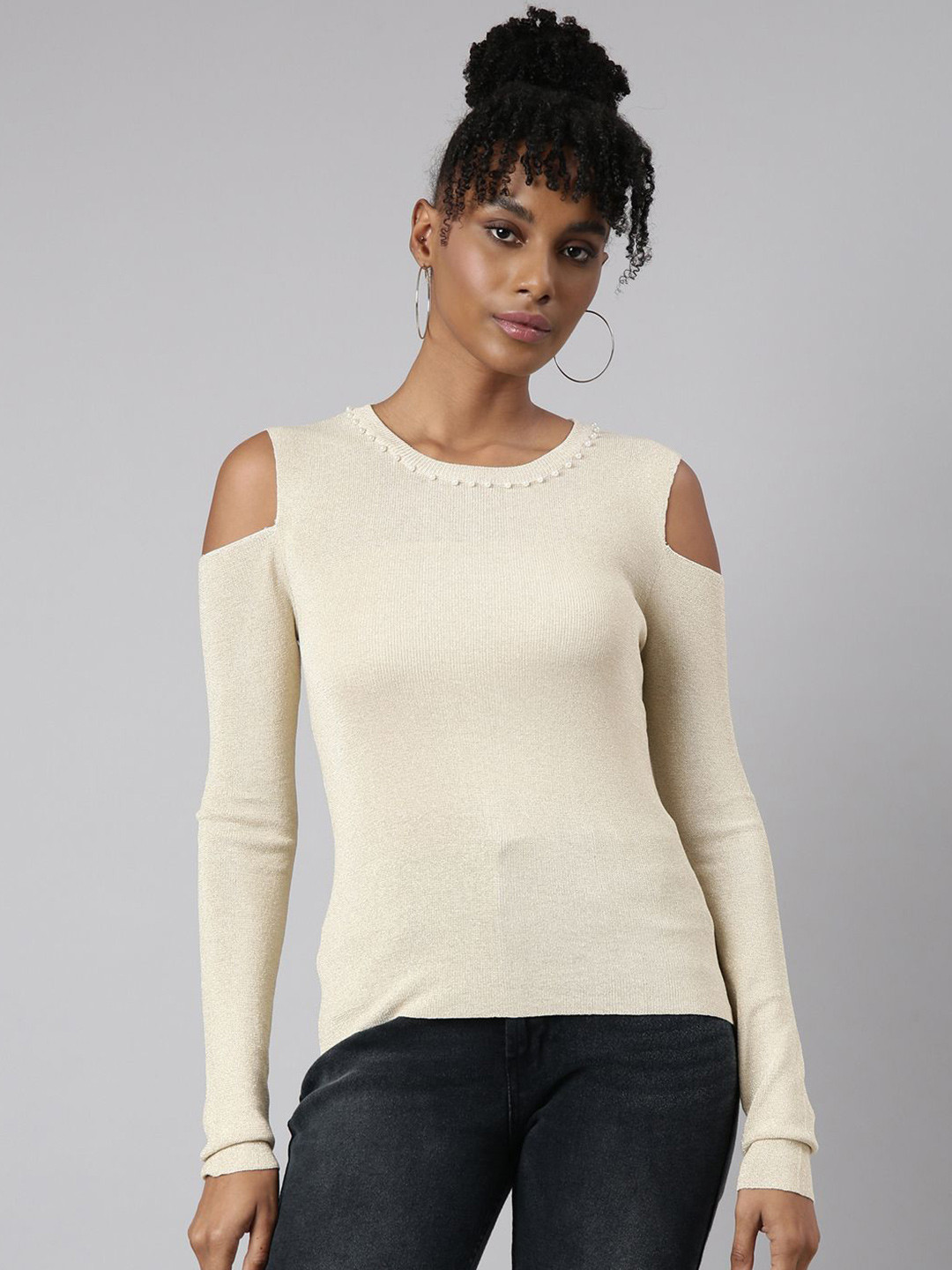 SHOWOFF Women Cold-Shoulder Studded Top