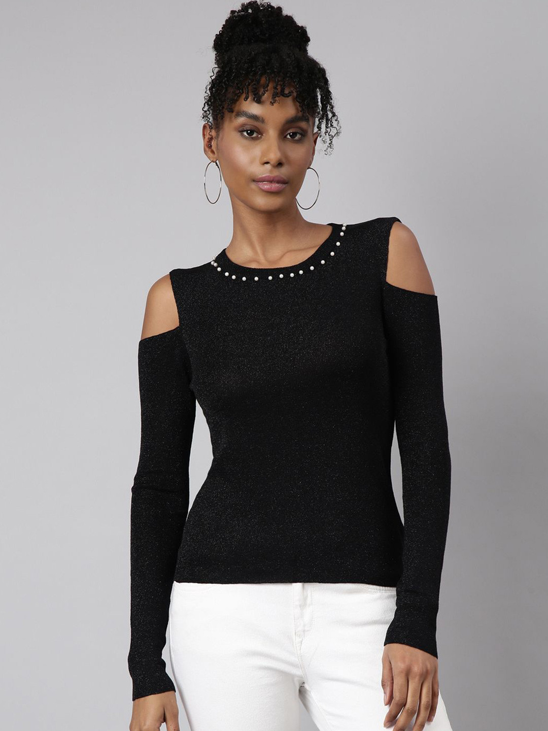 SHOWOFF Women Cold-Shoulder Studded Top