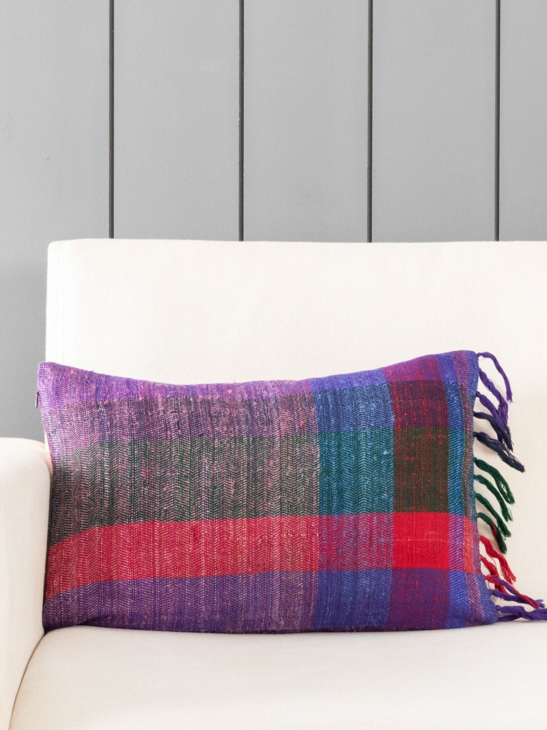 Eyaas Woollen Red Colourblocked Wool Silk Washable Textured Cushion Cover -12x18In