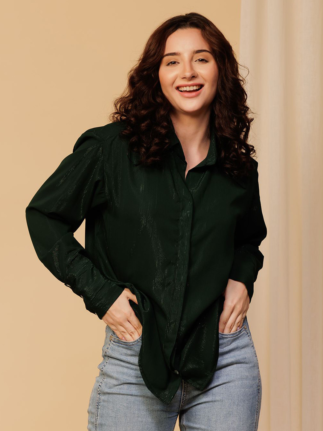 Urban Sundari Women Modern Spread Collar Solid Cotton Relaxed Fit Casual Shirt