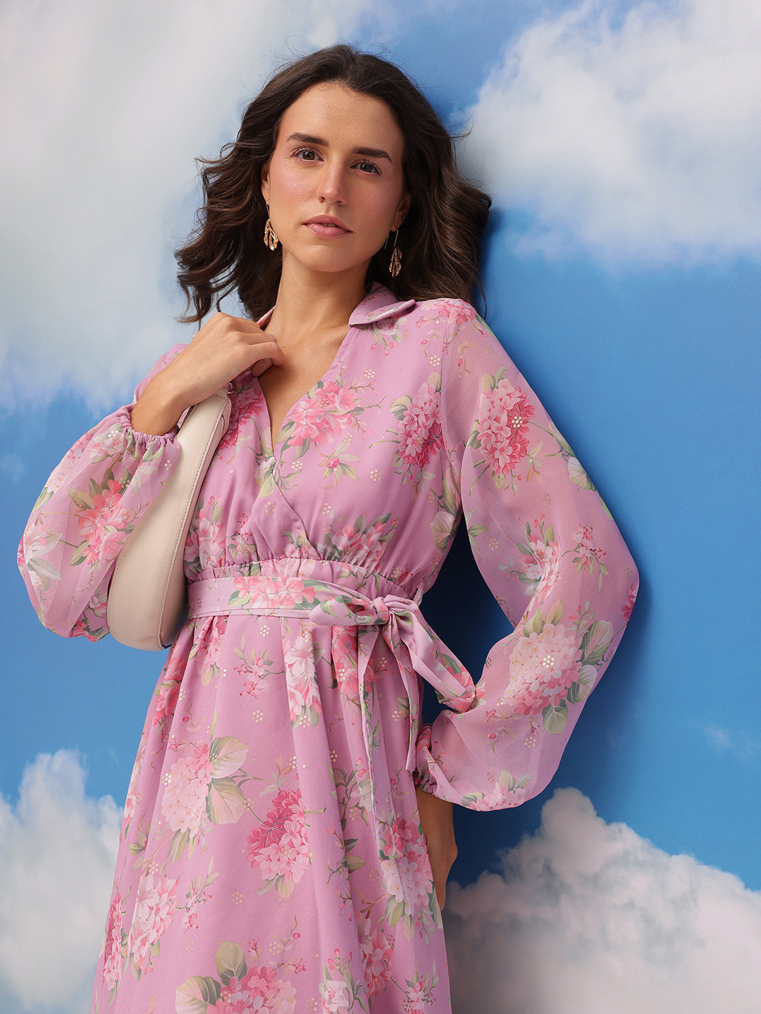 CORSICA Floral Print Midi Wrap Tie-Up Dress with Belt