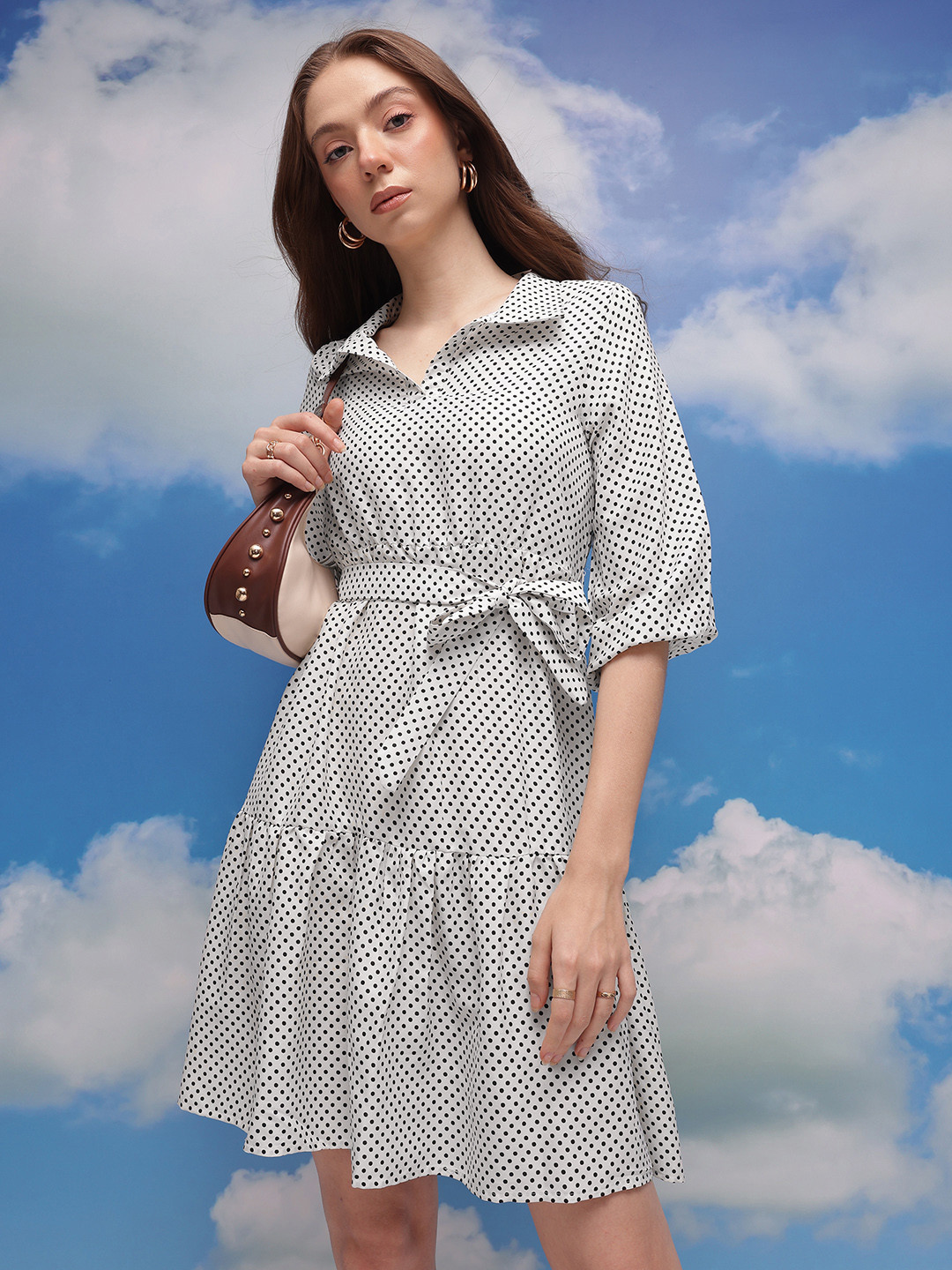 CORSICA Polka Dot Printed Gathered A-Line Dress With Fabric Belt
