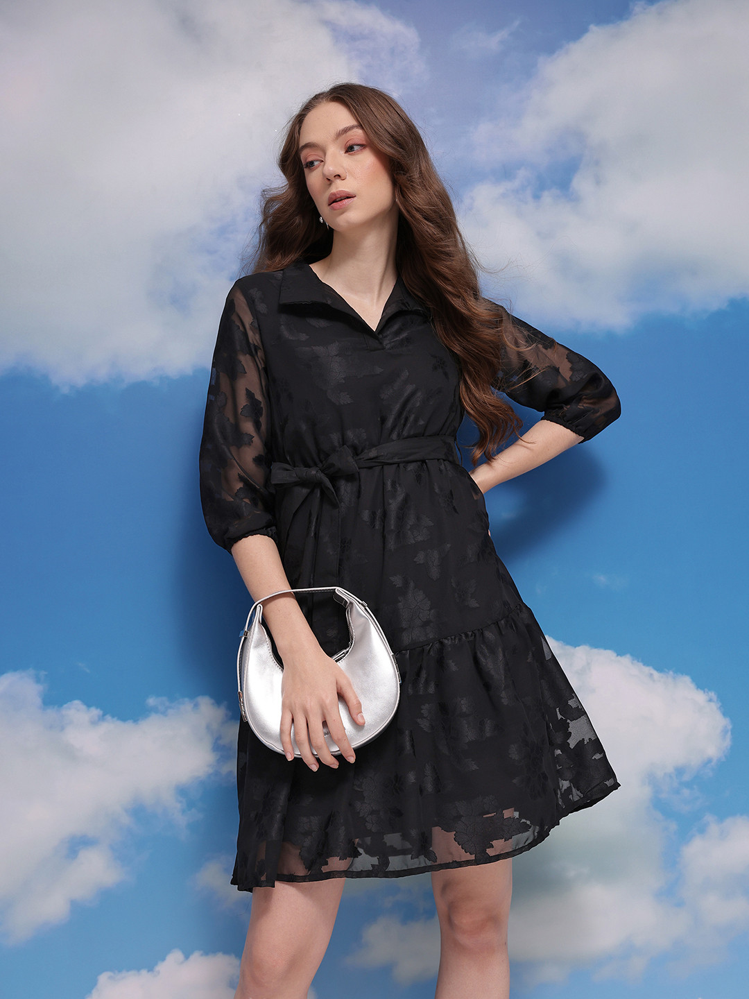 CORSICA Floral Woven Design Semi-Sheer Dress