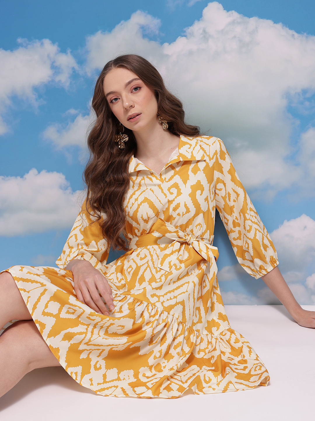 CORSICA Abstract Print Shirt Collar A-Line Dress with Belt