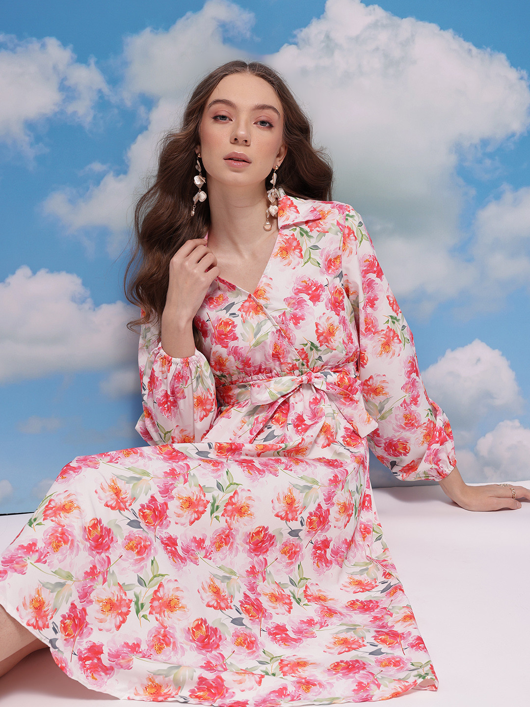 CORSICA Floral Print Shirt Collar Wrap-Style Midi A-Line Dress with Belt