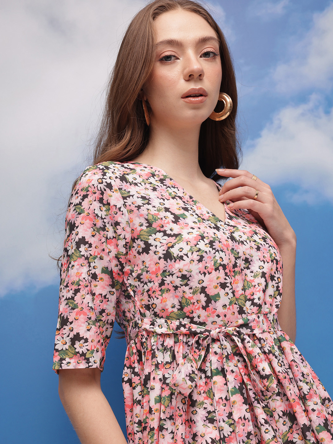 CORSICA Floral Print Fit & Flare Dress With Tie-ups belt