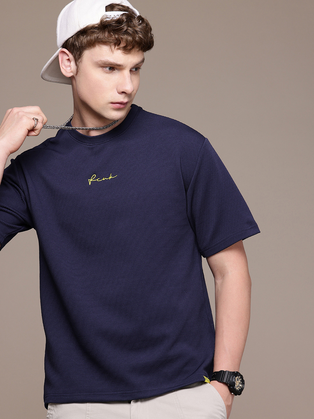 FCUK Self Striped Drop-Shoulder Sleeves Relaxed Fit T-shirt