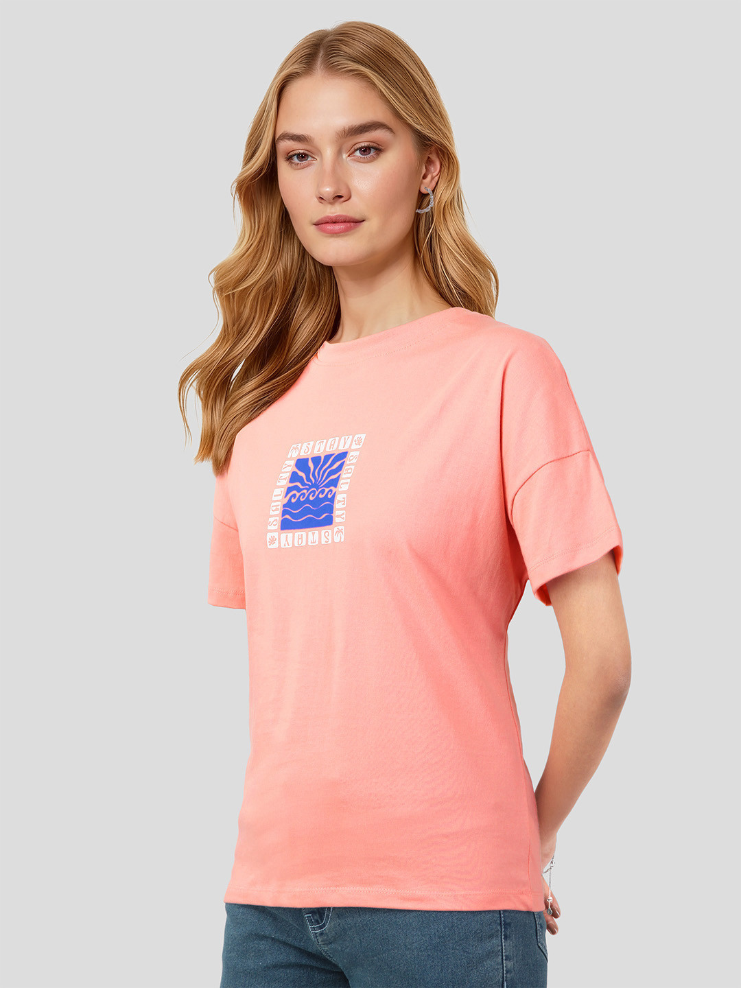 Mast & Harbour Women Typography Printed Drop-Shoulder Sleeves Pure Cotton T-shirt