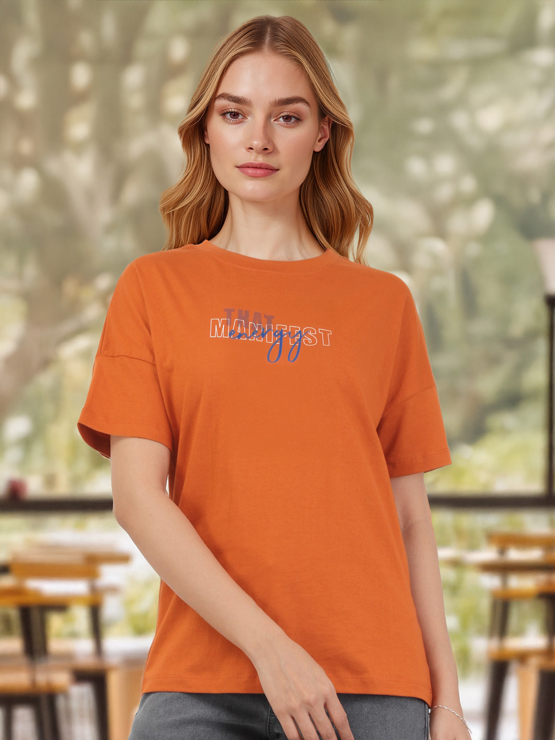 Mast & Harbour Typography Print Drop-Shoulder Sleeves Cotton Relaxed Fit T-shirt