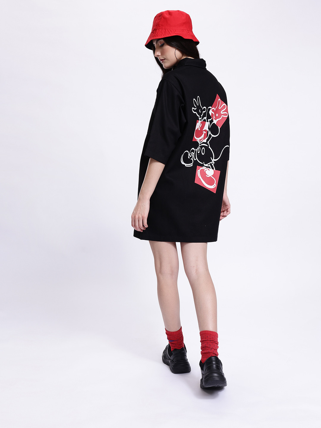 Kook N Keech Mickey Mouse Print Cotton Mini Shirt Dress