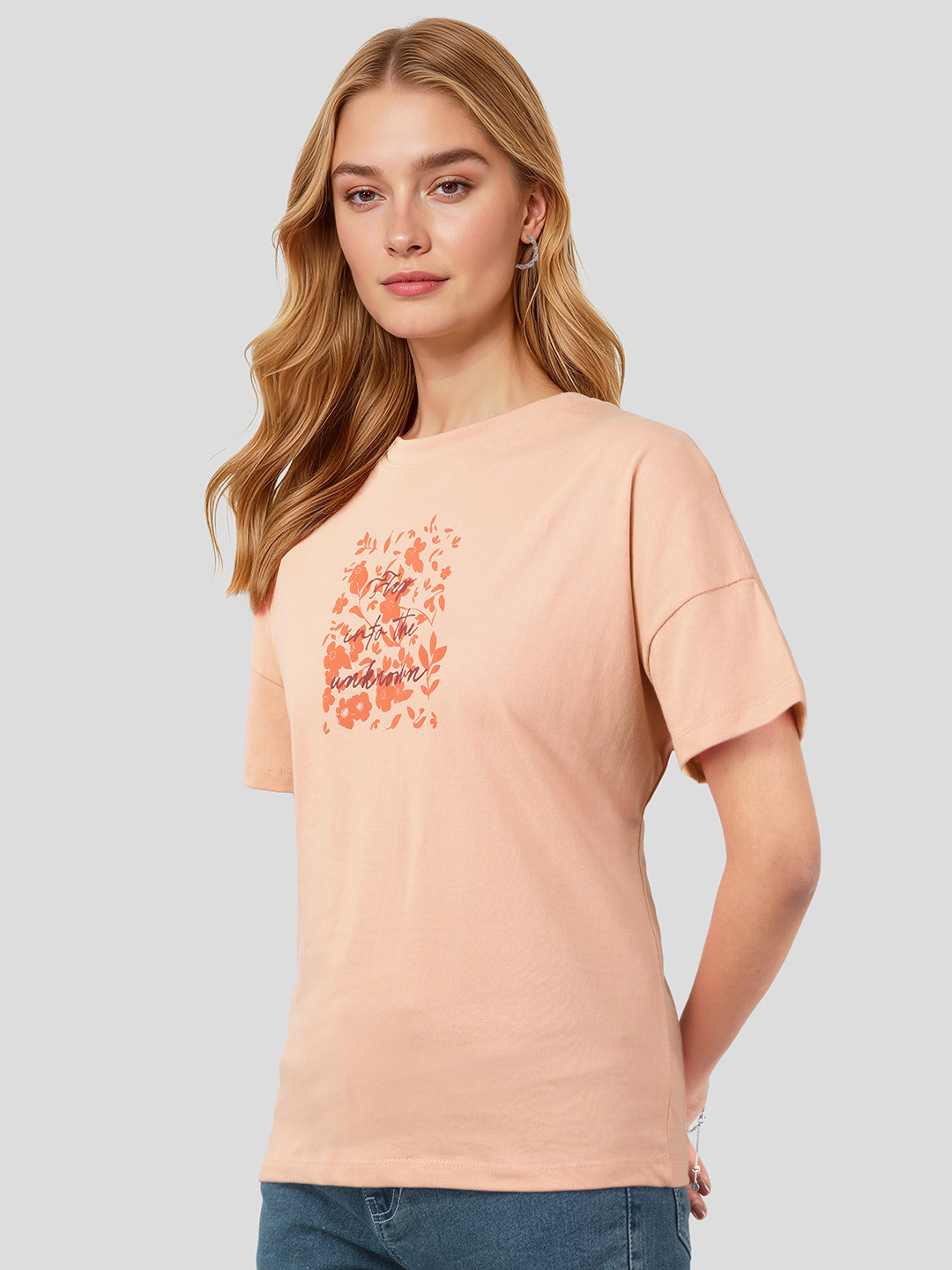 Mast & Harbour Pure Cotton Floral Print Drop-Shoulder Sleeves T-shirt